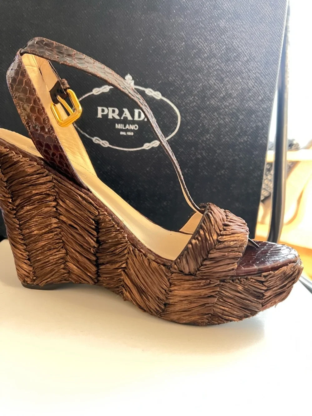 Prada Brown Woven Raffia and Leather Platform Wedge Sandals - Picture 4 of 6